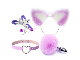 Kit Rabo de Coelho com Tiara de Orelhas, Grampos para os seios em Metal e Gargantilha