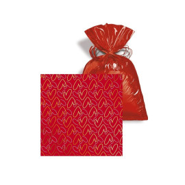 50 Saco Para Presente Metal Fasc�nio Vermelho / Ouro (Cora��o) 15X22Cm