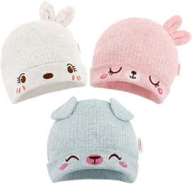 DOKMA Conjunto de chapus infantis de algodo orgnico com design de orelhas de animais fofos, gorros para bebs meninos e meninas de 0 a 6 meses, rosa, rosa, 3-6 Meses