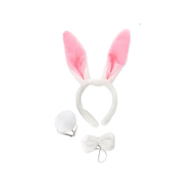 Kit Coelhinha Branca Em Pelcia (Tiara De Orelha, Pompom E Gravata)