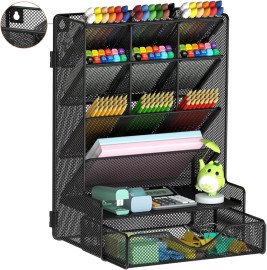 Organizador de canetas para mesa, organizador de mesa multifuncional, suporte de parede com gaveta para escola, escritrio, casa, materiais de arte, preto