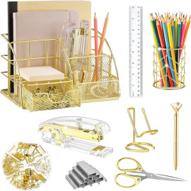 KAAKOW Organizador de mesa dourado e acessrios de escritrio, grampeador, suporte de caneta, suporte de telefone, tesoura, caneta, rgua, 30 clipes de papel, 22 clipes de fichrio, 20 tachinhas e