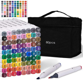 chfine Marcadores de 80 cores ? Conjunto de marcadores permanentes de ponta dupla para adultos, artistas, desenho, colorir, artesanato, presentes, com estojo de transporte para armazenamento e viagem