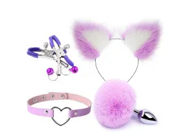 Kit Rabo de Coelho com Tiara de Orelhas, Grampos para os seios em Metal e Gargantilha