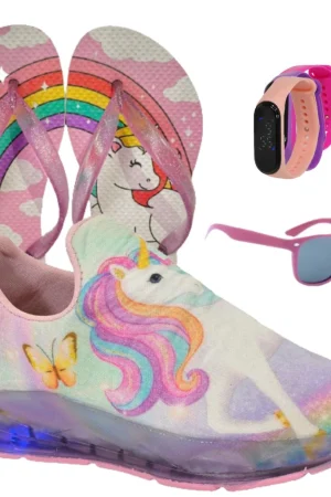 Tênis Infantil Feminino Com Led Unicórnio Amy Rose Sonic Slip On + Óculos + Relógio + Chinelo Menina Novo