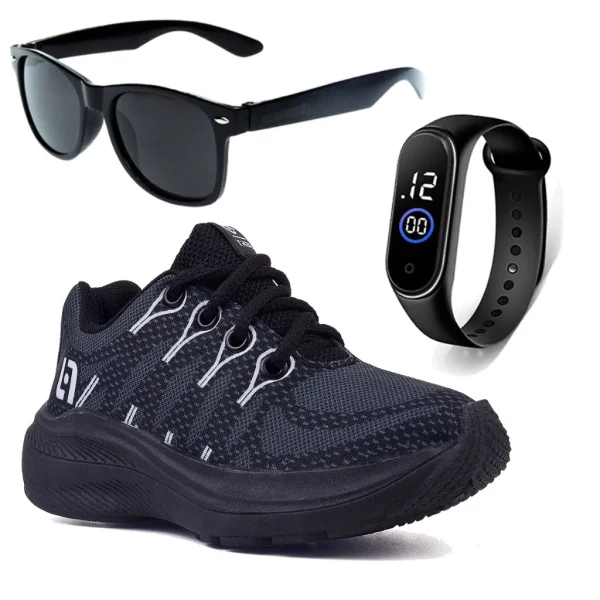 Tenis Infantil Meninos Casual Preto Preto + Óculos e Relógio Junix - Imagem 4