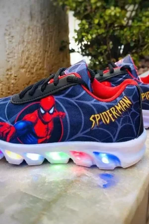 Tênis Infantil Baby Led Homem Aranha de Menino com Led Personagem Luzes Coloridas Bebê Confortável