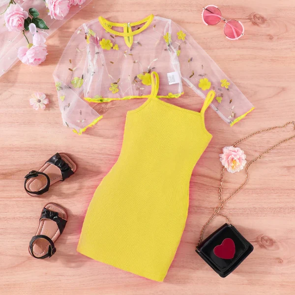 Terno Para Kid Girl 2-7 Anos De Idade Manga Longa Top Floral Bordado Em Malha Suspensórios Saia Princesa Vestidos De Verão Vestido Conjunto De Roupas Infantis Moda Infantil Kids Wear Ootd For Baby - Imagem 2