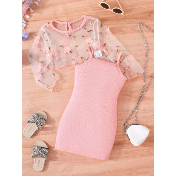 Terno Para Kid Girl 2-7 Anos De Idade Manga Longa Top Floral Bordado Em Malha Suspensórios Saia Princesa Vestidos De Verão Vestido Conjunto De Roupas Infantis Moda Infantil Kids Wear Ootd For Baby - Imagem 13