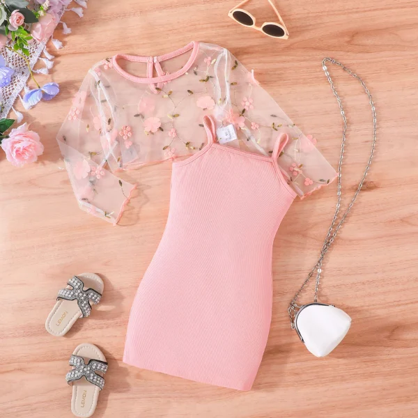 Terno Para Kid Girl 2-7 Anos De Idade Manga Longa Top Floral Bordado Em Malha Suspensórios Saia Princesa Vestidos De Verão Vestido Conjunto De Roupas Infantis Moda Infantil Kids Wear Ootd For Baby - Imagem 4
