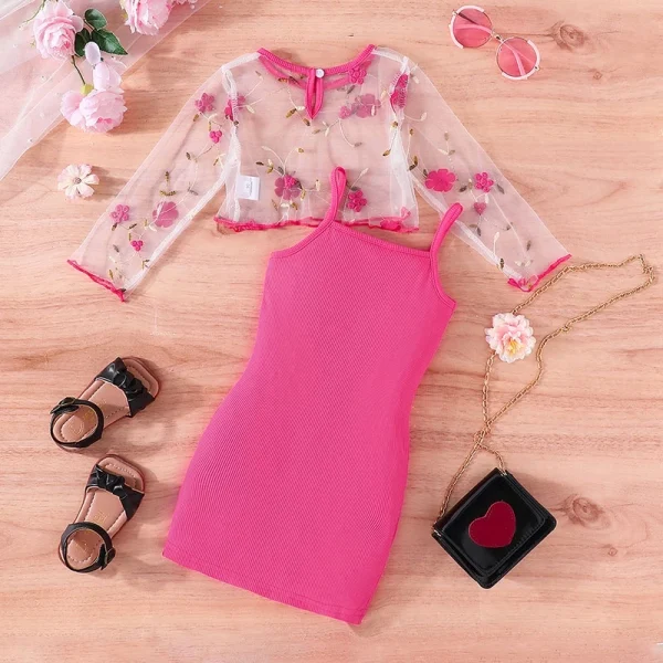 Terno Para Kid Girl 2-7 Anos De Idade Manga Longa Top Floral Bordado Em Malha Suspensórios Saia Princesa Vestidos De Verão Vestido Conjunto De Roupas Infantis Moda Infantil Kids Wear Ootd For Baby - Imagem 6