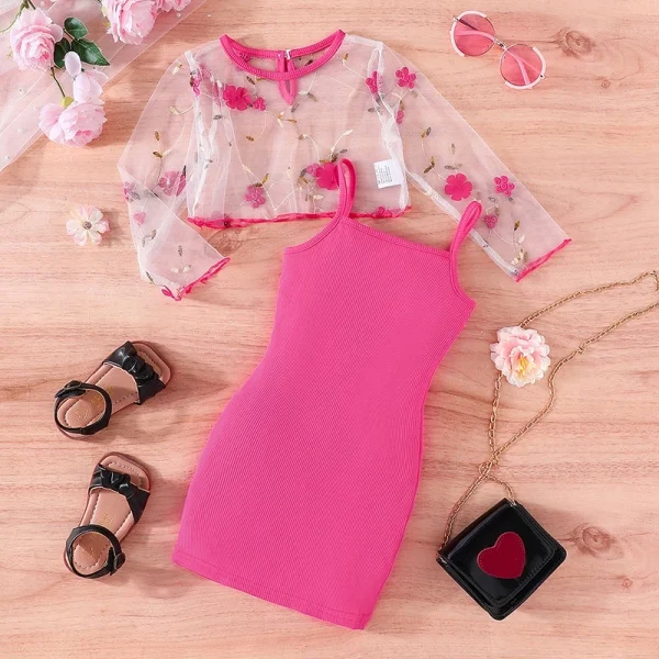 Terno Para Kid Girl 2-7 Anos De Idade Manga Longa Top Floral Bordado Em Malha Suspensórios Saia Princesa Vestidos De Verão Vestido Conjunto De Roupas Infantis Moda Infantil Kids Wear Ootd For Baby - Imagem 5