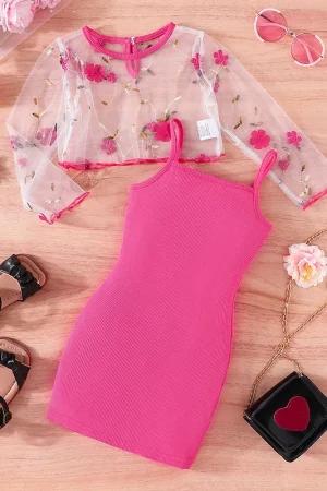 Terno Para Kid Girl 2-7 Anos De Idade Manga Longa Top Floral Bordado Em Malha Suspensórios Saia Princesa Vestidos De Verão Vestido Conjunto De Roupas Infantis Moda Infantil Kids Wear Ootd For Baby