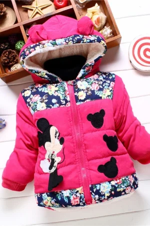 2023 Inverno Nova Menina Minnie Mickey Mouse Bordado Casaco Acolchoado E Quente Para Crianças