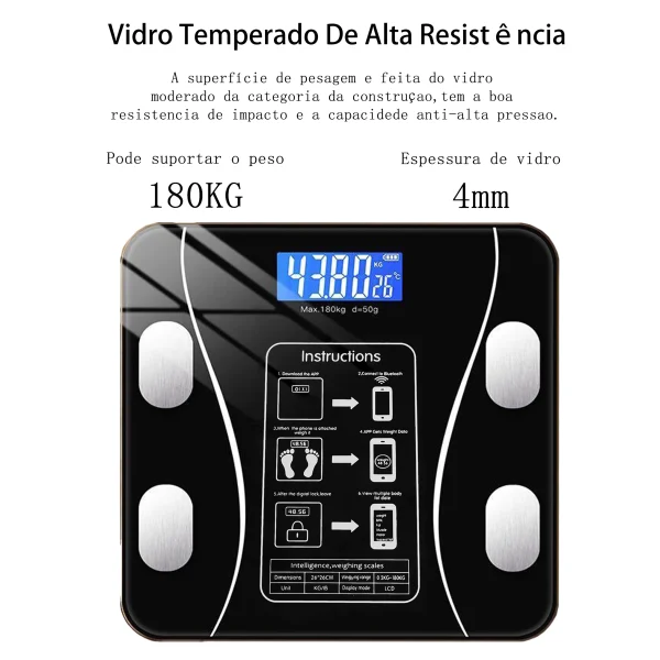 [USB Recarregável] Balança De Bioimpedância Corporal Digital Com Bluetooth 180Kg Pilhas Inclusa Preto cor Branco - Imagem 11