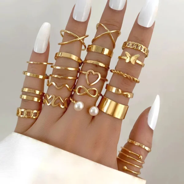 22pçs Conjunto De Anel De Prata Dourado Vintage Para Mulheres Conjunto De Anel De Dedo Joias Femininas Acessórios De Moda Presente De Joias - Imagem 8