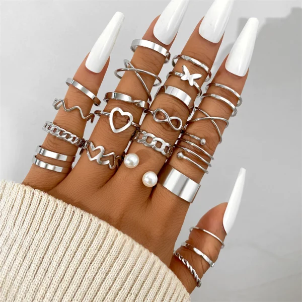 222pcs Retro Gold Geometric Twist Hollow Rings Set Para Acessórios De Jóias Femininas - Imagem 2