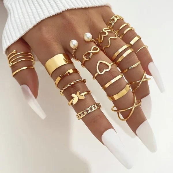 222pcs Retro Gold Geometric Twist Hollow Rings Set Para Acessórios De Jóias Femininas - Imagem 8