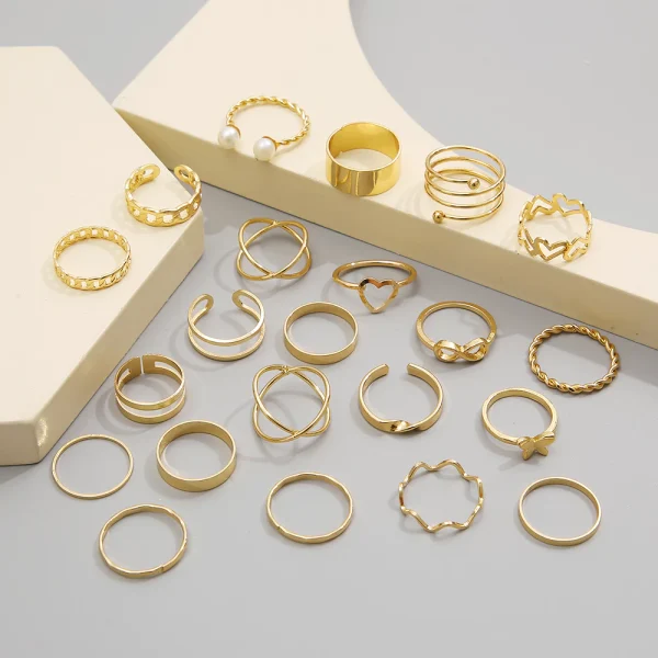 222pcs Retro Gold Geometric Twist Hollow Rings Set Para Acessórios De Jóias Femininas - Imagem 14
