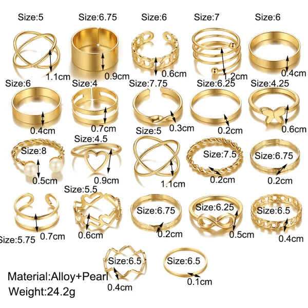 222pcs Retro Gold Geometric Twist Hollow Rings Set Para Acessórios De Jóias Femininas - Imagem 9