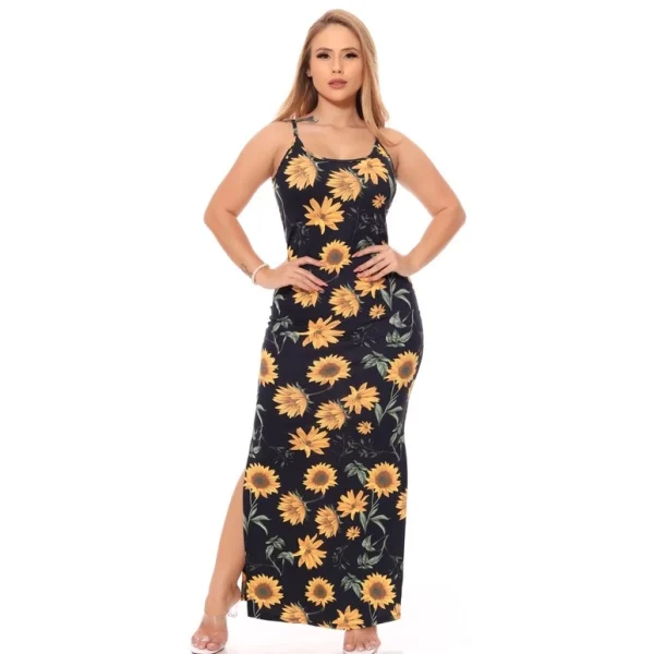 Vestido Floral Canelado Casual Versátil Feminino Nova Moda Alça - Imagem 2