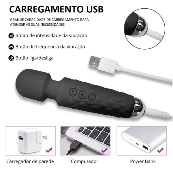 Vibrador Feminino Clitoriano Varinha Mágica Recarregável Ponto G Orgasmo  20 modos-  Silencioso - Imagem 8