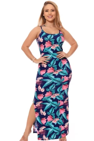 Vestido Floral Canelado Casual Versátil Feminino Nova Moda Alça