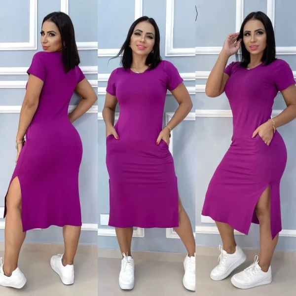 vestido midi  liso e estampados com fenda lateral e com bolso tecido viscolaica,tamanho único g,veste do 40 ao 44 - Imagem 7