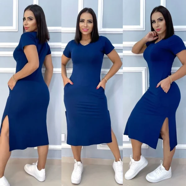 vestido midi  liso e estampados com fenda lateral e com bolso tecido viscolaica,tamanho único g,veste do 40 ao 44 - Imagem 8