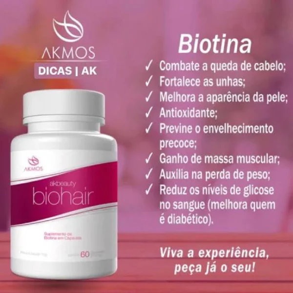 Ak Biohair Suplemento de Biotina para Queda de Cabelo Pele Unhas 60 Cápsulas - Imagem 3