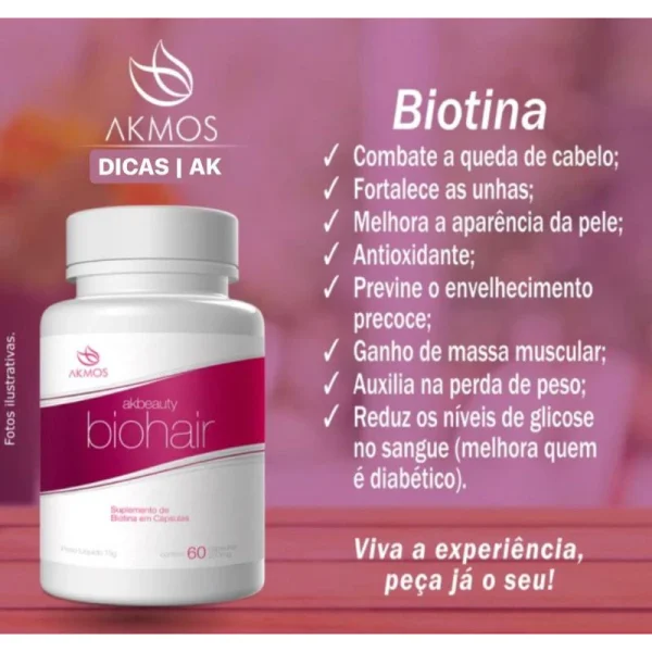 Akbeauty Biohair Akmos Suplemento D Biotina para   Cabelo Pele Unha 60 cápsulas - Imagem 4