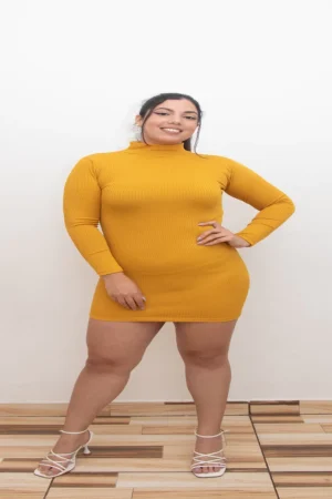 Vestido Canelado curto gola alta com manga longa inverno