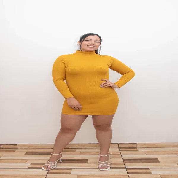Vestido Canelado curto gola alta com manga longa inverno