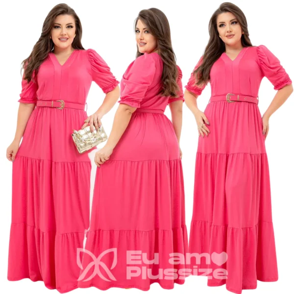 Vestido Longo Plus Size Tamanho Grande Tendencia Curve Inverno Festa Evangelico Com Cinto - Imagem 10