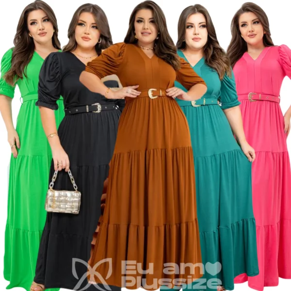 Vestido Longo Plus Size Tamanho Grande Tendencia Curve Inverno Festa Evangelico Com Cinto - Imagem 8