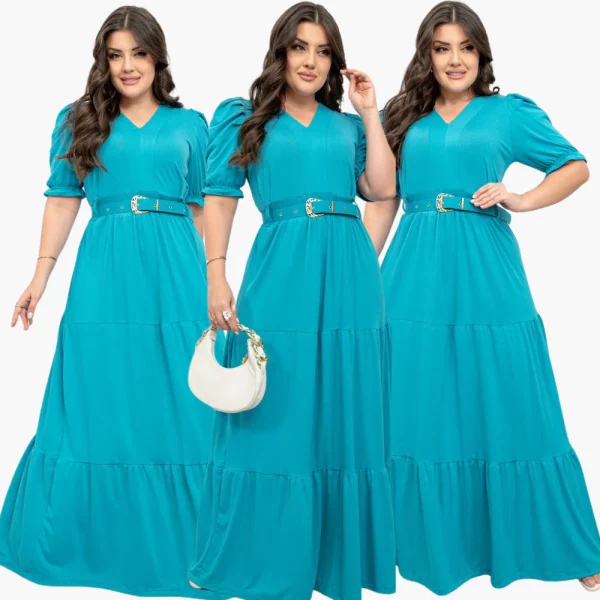 Vestido Longo Plus Size Tamanho Grande Tendencia Curve Inverno Festa Evangelico Com Cinto - Imagem 13
