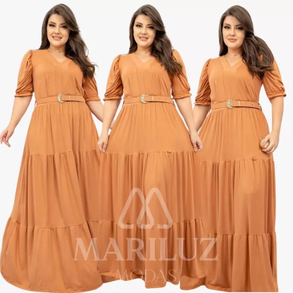 Vestido Longo Plus Size Tamanho Grande Tendencia Curve Inverno Festa Evangelico Com Cinto - Imagem 14