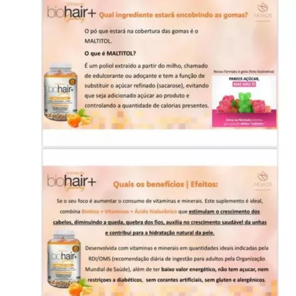 Bala Gummy Biohair Biotina Ácido Hialurônico + Vitaminas Ak - Imagem 3