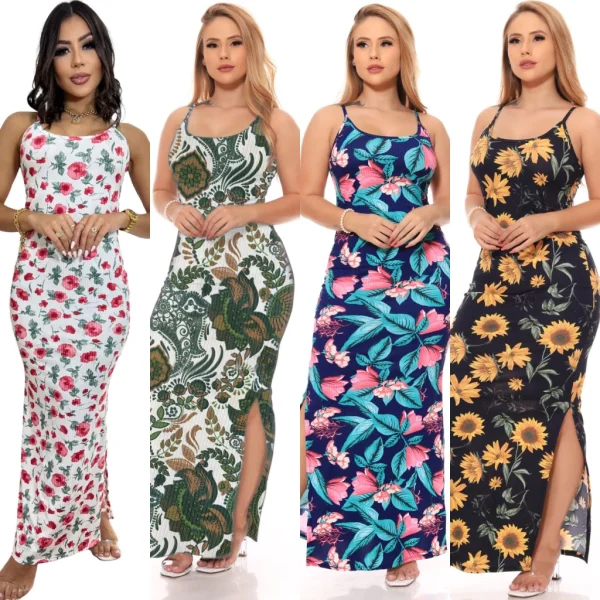 Vestido Floral Canelado Casual Versátil Feminino Nova Moda Alça - Imagem 5