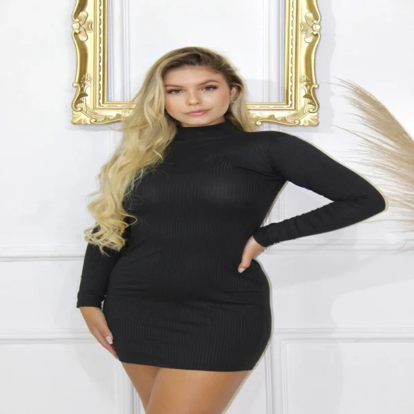 Vestido Canelado curto gola alta com manga longa inverno - Imagem 5