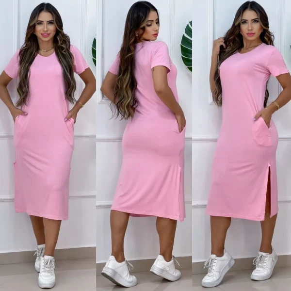 vestido midi  liso e estampados com fenda lateral e com bolso tecido viscolaica,tamanho único g,veste do 40 ao 44 - Imagem 9