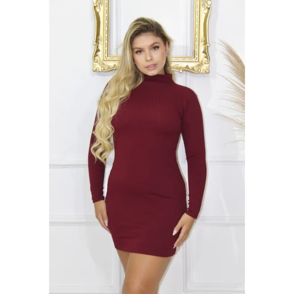 Vestido Canelado curto gola alta com manga longa inverno - Imagem 6