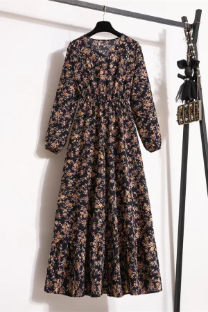 Vestido de Festa de Primavera Outono Vestido de Manga Longa com Pescoço Redondo Floral Longo Cintura Estreita Slim Vestido Longo