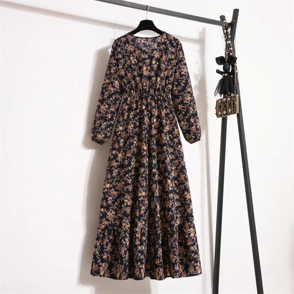 Vestido de Festa de Primavera Outono Vestido de Manga Longa com Pescoço Redondo Floral Longo Cintura Estreita Slim Vestido Longo