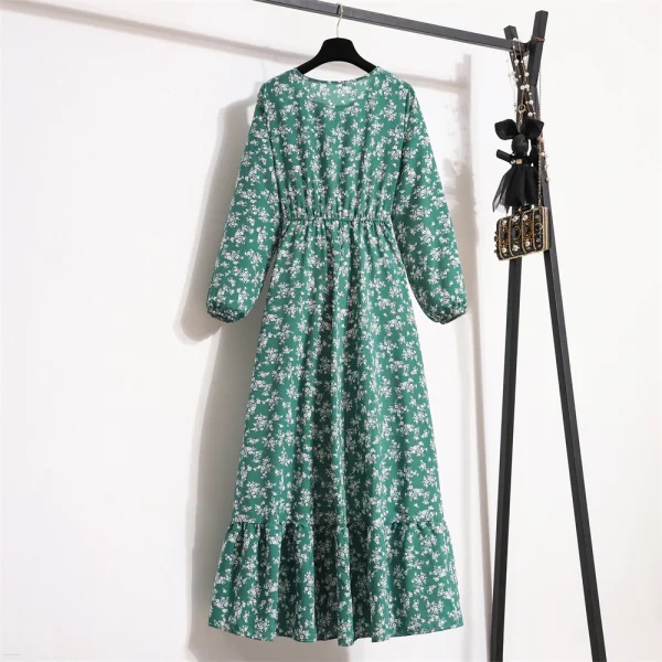 Vestido de Festa de Primavera Outono Vestido de Manga Longa com Pescoço Redondo Floral Longo Cintura Estreita Slim Vestido Longo - Imagem 10