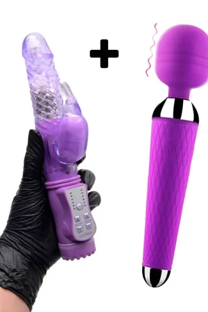 Vibrador Feminino Varinha Mágica Massageador Corporal + Vibrador Rotativo com Estimulação Clitoriana