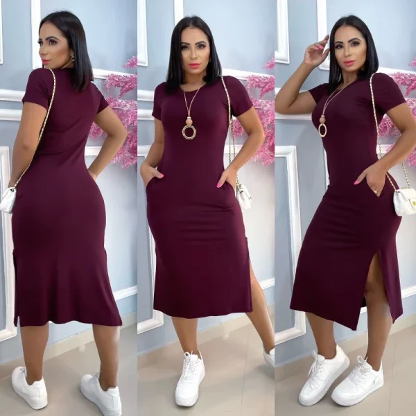 vestido midi  liso e estampados com fenda lateral e com bolso tecido viscolaica,tamanho único g,veste do 40 ao 44 - Imagem 2