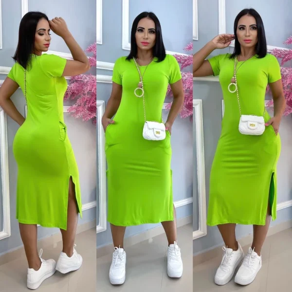 vestido midi  liso e estampados com fenda lateral e com bolso tecido viscolaica,tamanho único g,veste do 40 ao 44 - Imagem 5
