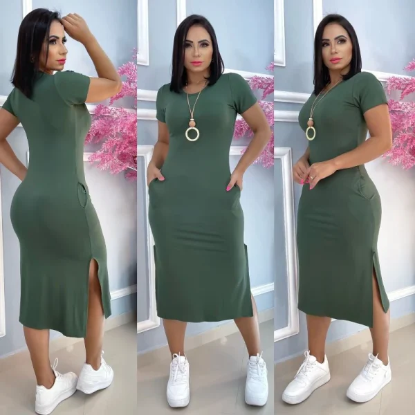 vestido midi  liso e estampados com fenda lateral e com bolso tecido viscolaica,tamanho único g,veste do 40 ao 44 - Imagem 22