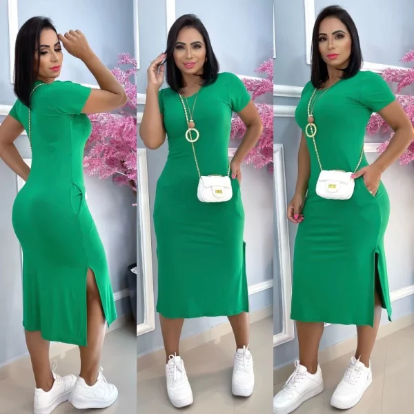 vestido midi  liso e estampados com fenda lateral e com bolso tecido viscolaica,tamanho único g,veste do 40 ao 44 - Imagem 6